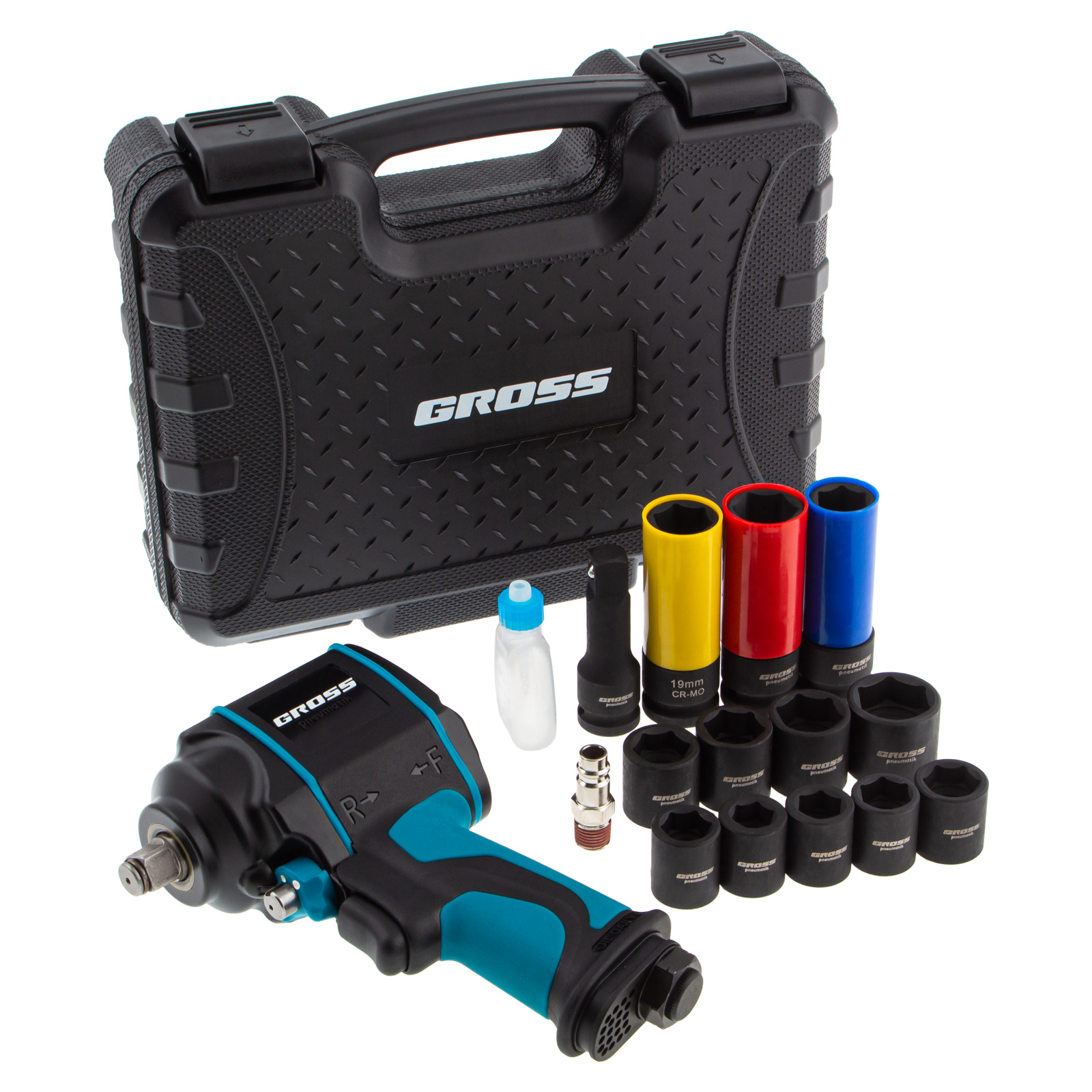 Гайковерт пневматический ударный G985K2, 1/2, 610Нм 9000 об/мин, с набором 17 предметов Gross (57445)