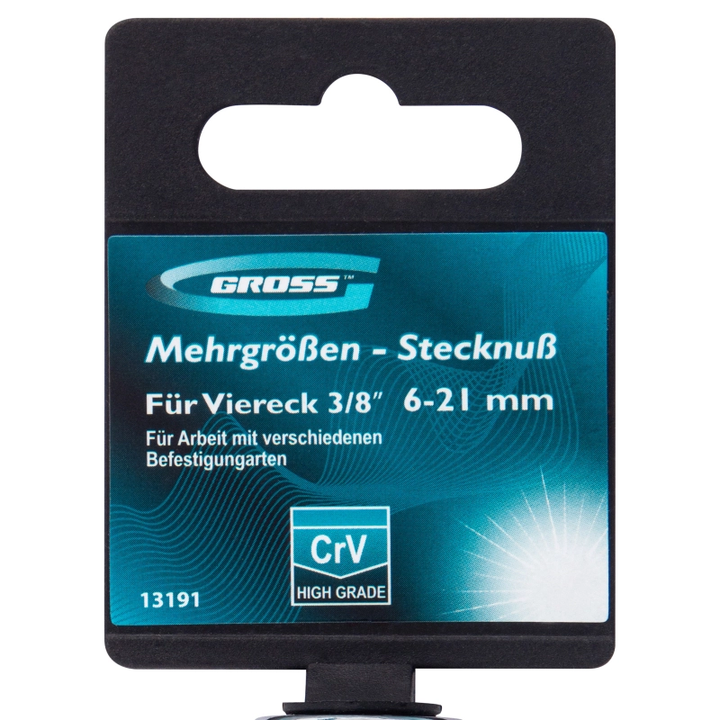 Головка торцевая многоразмерная, CrV, 6-21 мм, под квадрат 3/8, CrV, хромированная Gross (13191)