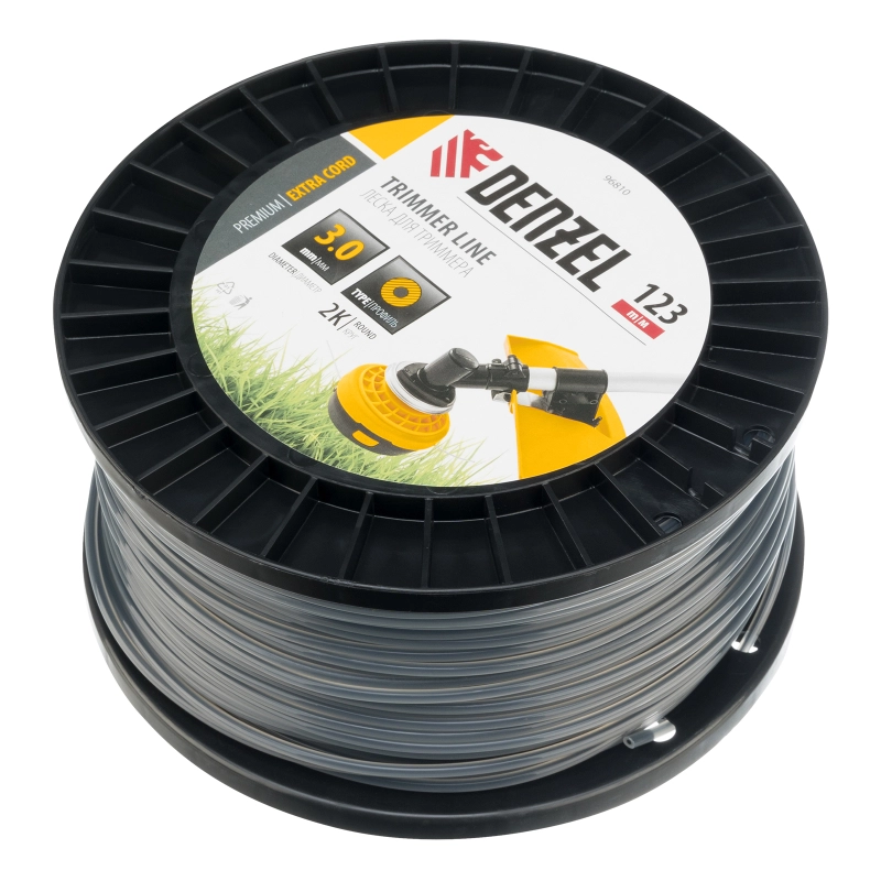 Леска для триммера двухкомпонентная круглая, 3,0мм х 123м, на DIN катушке EXTRA CORD Denzel (96810)
