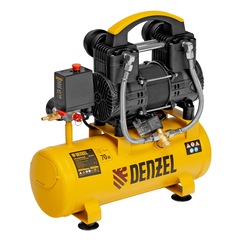 Компрессор безмасл. малошумный DLP-950/10, 950Вт,10 л, 2850 об/мин, 170 л/мин Denzel (58141)