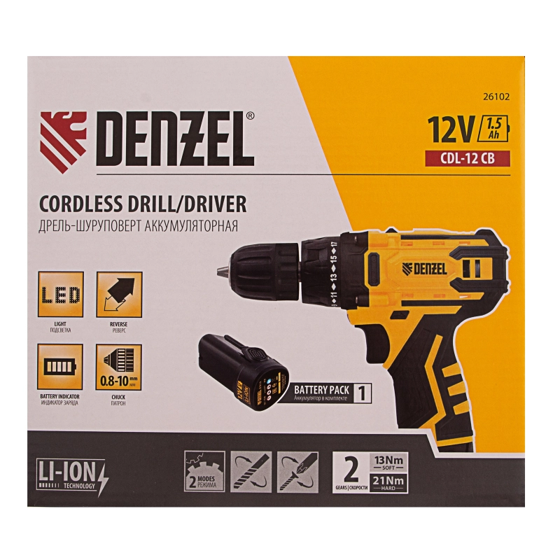 Дрель-шуруповерт аккумуляторная CDL-12CB, Li-Ion, 12 В, 1 акк. Denzel (26102)
