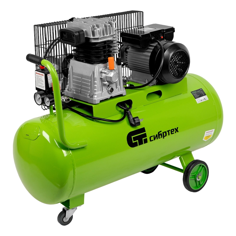 Компрессор воздушный КР-2200/100, 2.2 кВт, 350 л/мин, 100 л, ременной привод, масляный Сибртех (58042)