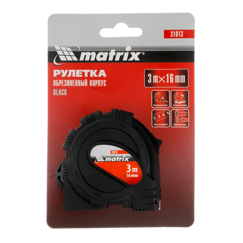 Рулетка Black,3 м х 16 мм,обрезиненный корпус Matrix (31013)