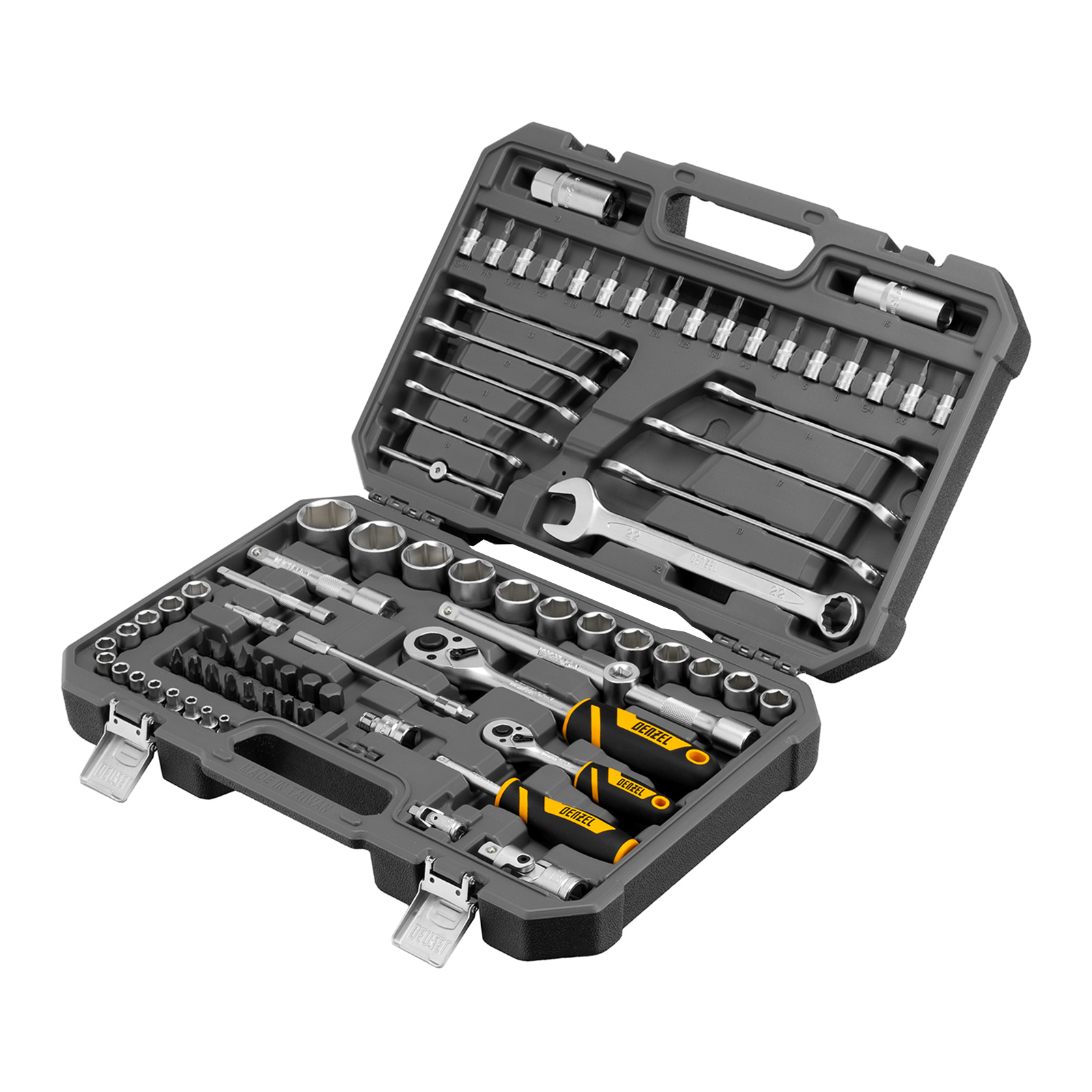 Набор инструментов, 1/2", 1/4", CrV, S2, пластиковый кейс, 82 предмета Denzel (15809)