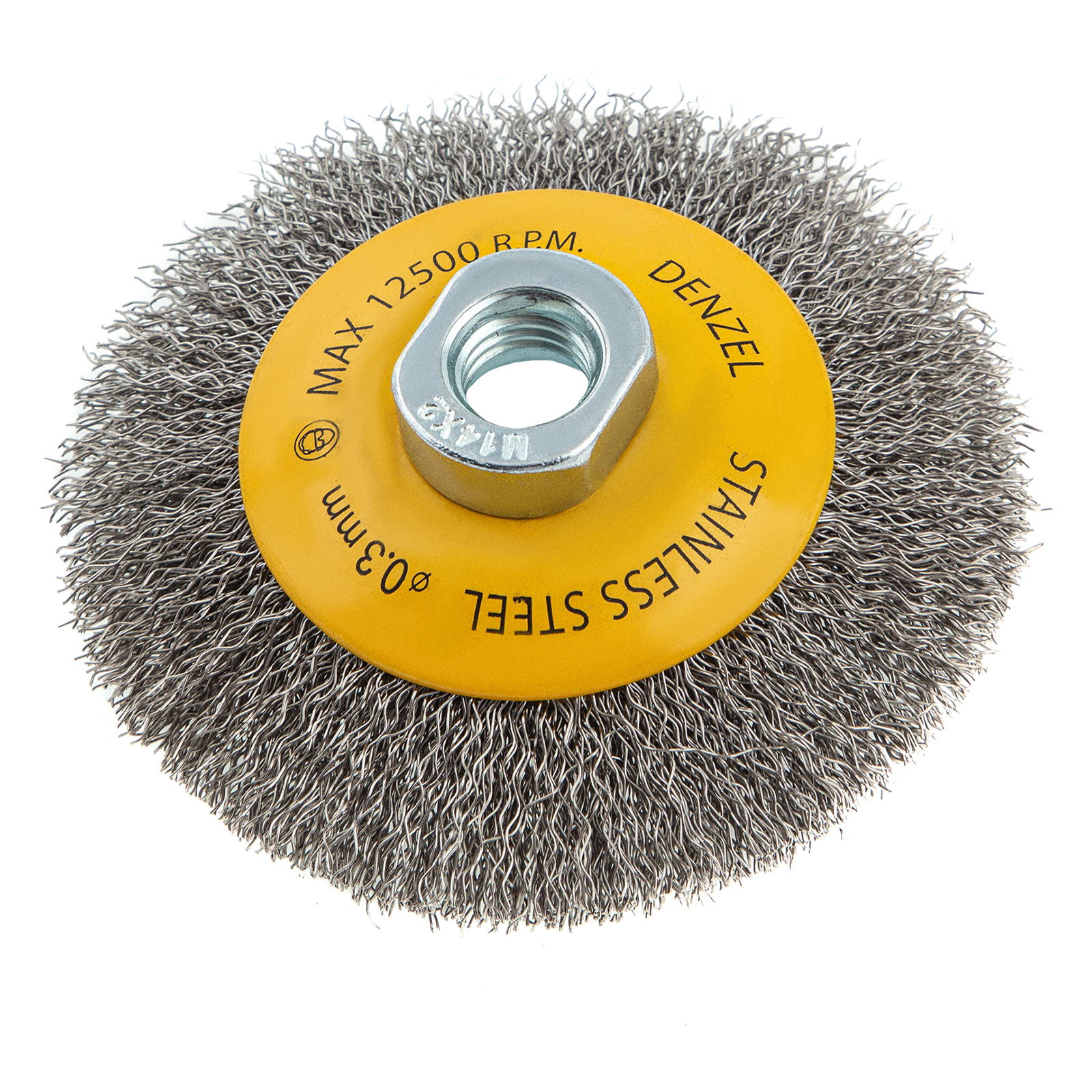 Щетка для УШМ, 100 мм, "Тарелка", витая нержавеющая проволока 0.3 мм, М14 Denzel (746083)