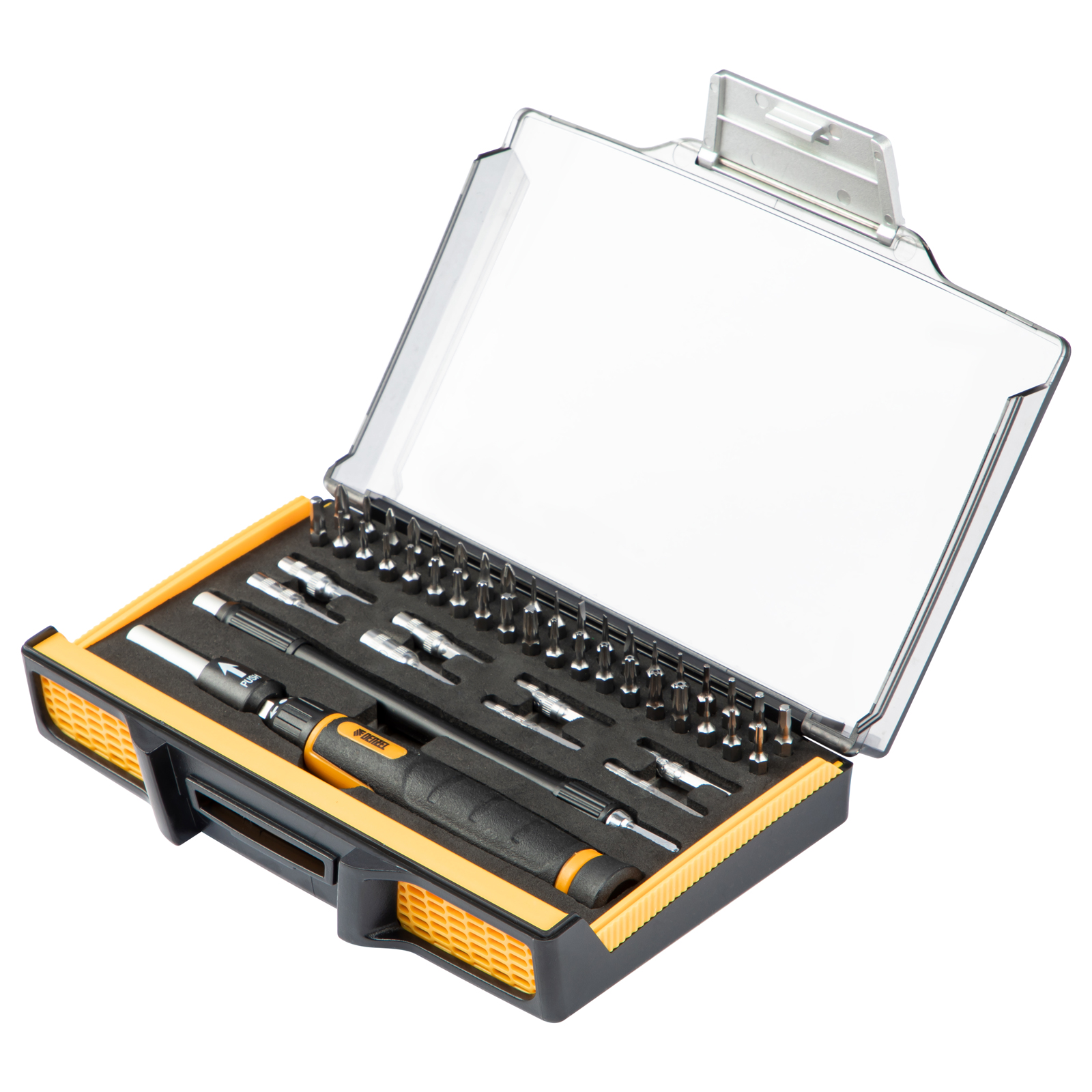 Отвертка с набором бит и торцевых головок для точных работ, гибкий привод, 48 шт, CrMo Denzel (7711599)