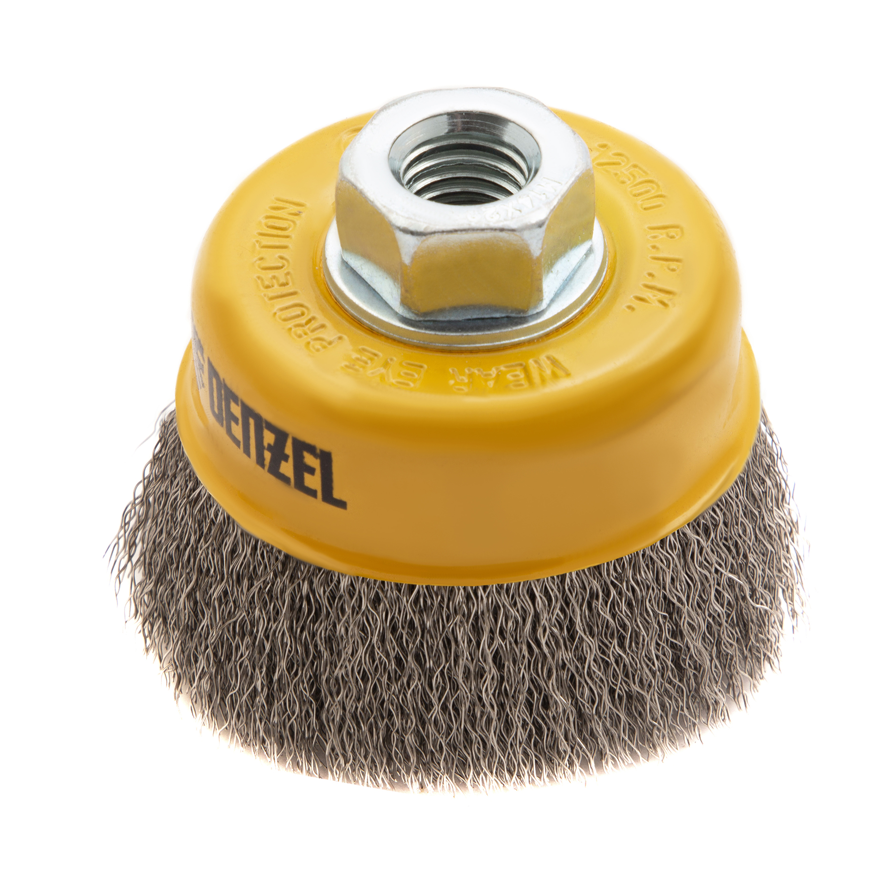 Щетка для УШМ, 75 мм, "Чашка", витая нержавеющая проволока 0.3 мм, М14 Denzel (746043)