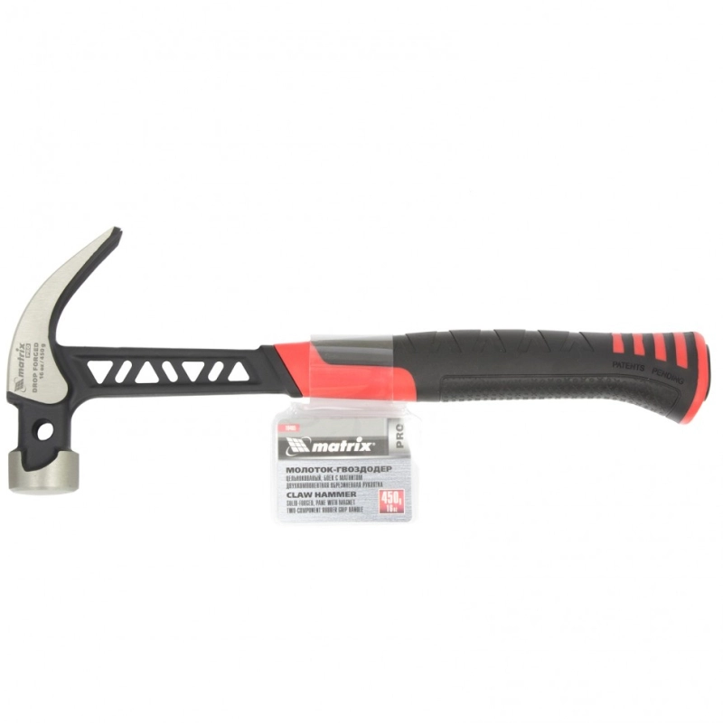 Молоток-гвоздодер, 450 г, цельнокованый, боек с магнитом, двухкомпонентная обрезиненная рукоятка Matrix Pro (10465)