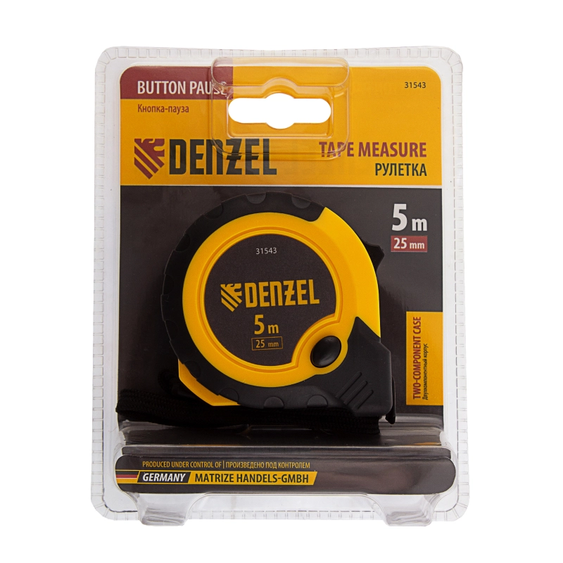 Рулетка 5м х 25мм, двухкомп. корпус, кнопка-пауза Denzel (31543)
