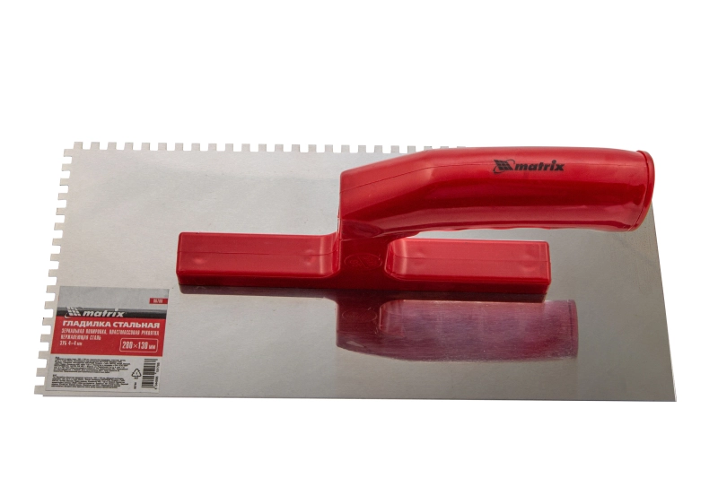 Гладилка из нержавеющей стали, 280 х 130 мм, зеркальная полировка, пластмассовая ручка, зуб 4 х 4 мм Matrix (86780)