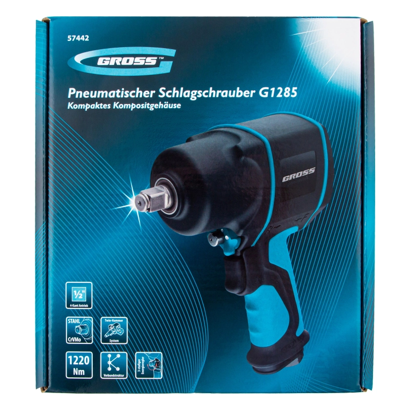 Гайковерт пневматический ударный G1285, 1/2, Twin Hammer, 1220Нм, 6500 об/мин, композитный Gross (57442)