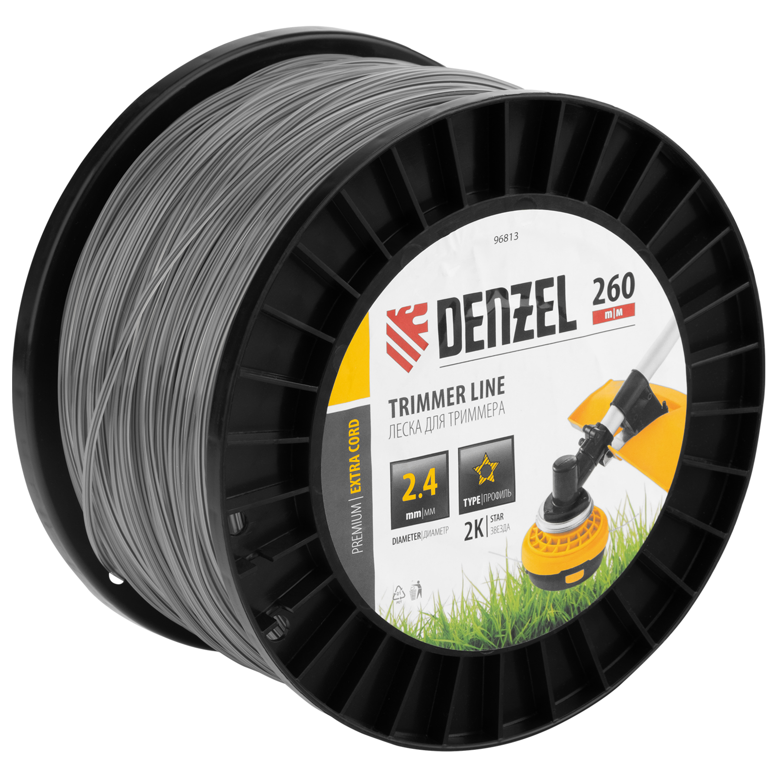 Леска для триммера двухкомпонентная звезда, 2,4мм х 260м, на DIN катушке EXTRA CORD Denzel (96813)