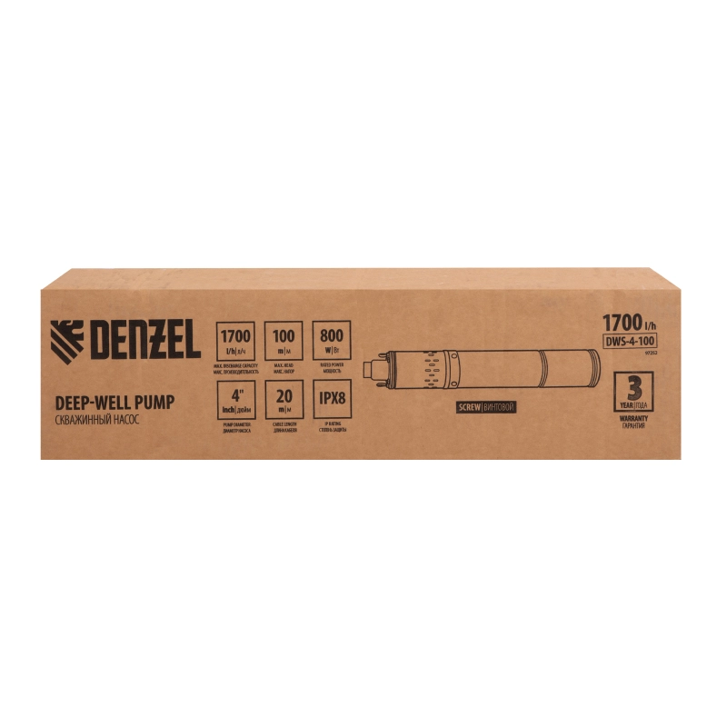 Скважинный насос DWS-4-100, винтовой, диаметр 4", 800 Вт, 1700 л/ч, напор 100 м Denzel (97252)