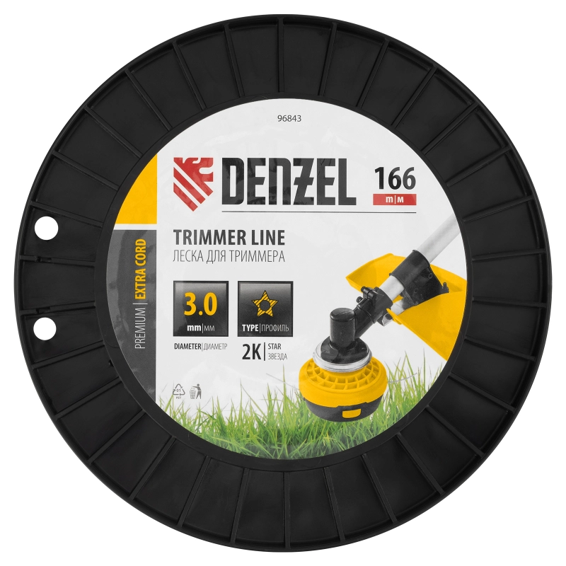 Леска для триммера двухкомпонентная звезда, 3,0мм х 166м, на DIN катушке EXTRA CORD Denzel (96843)
