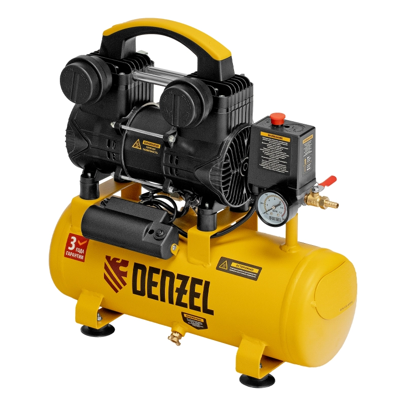 Компрессор безмасл. малошумный DLP-950/10, 950Вт,10 л, 2850 об/мин, 170 л/мин Denzel (58141)