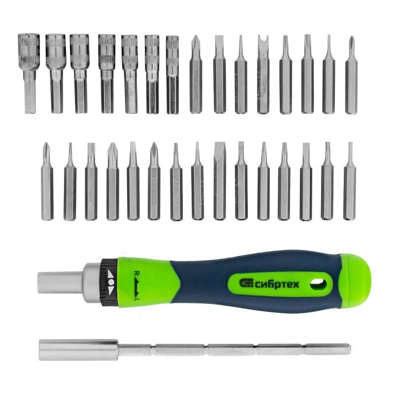 Отвертка реверсивная для точных работ с набором бит и торцевых головок, 32 предмета, CrV Сибртех (13370)