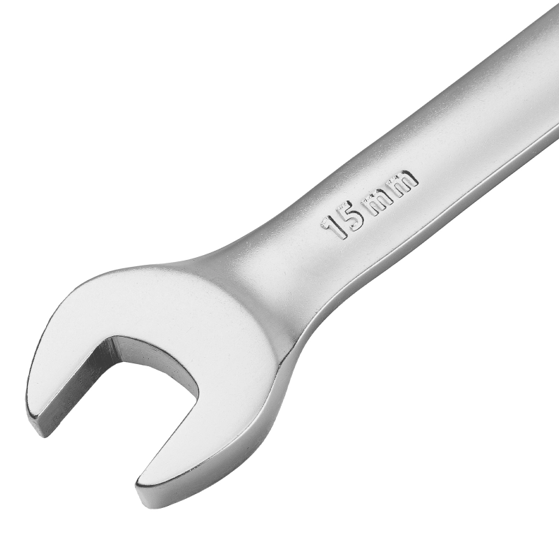 Ключ комбинированный трещоточный, 15 мм, CrV, матовый хром Denzel (14709)