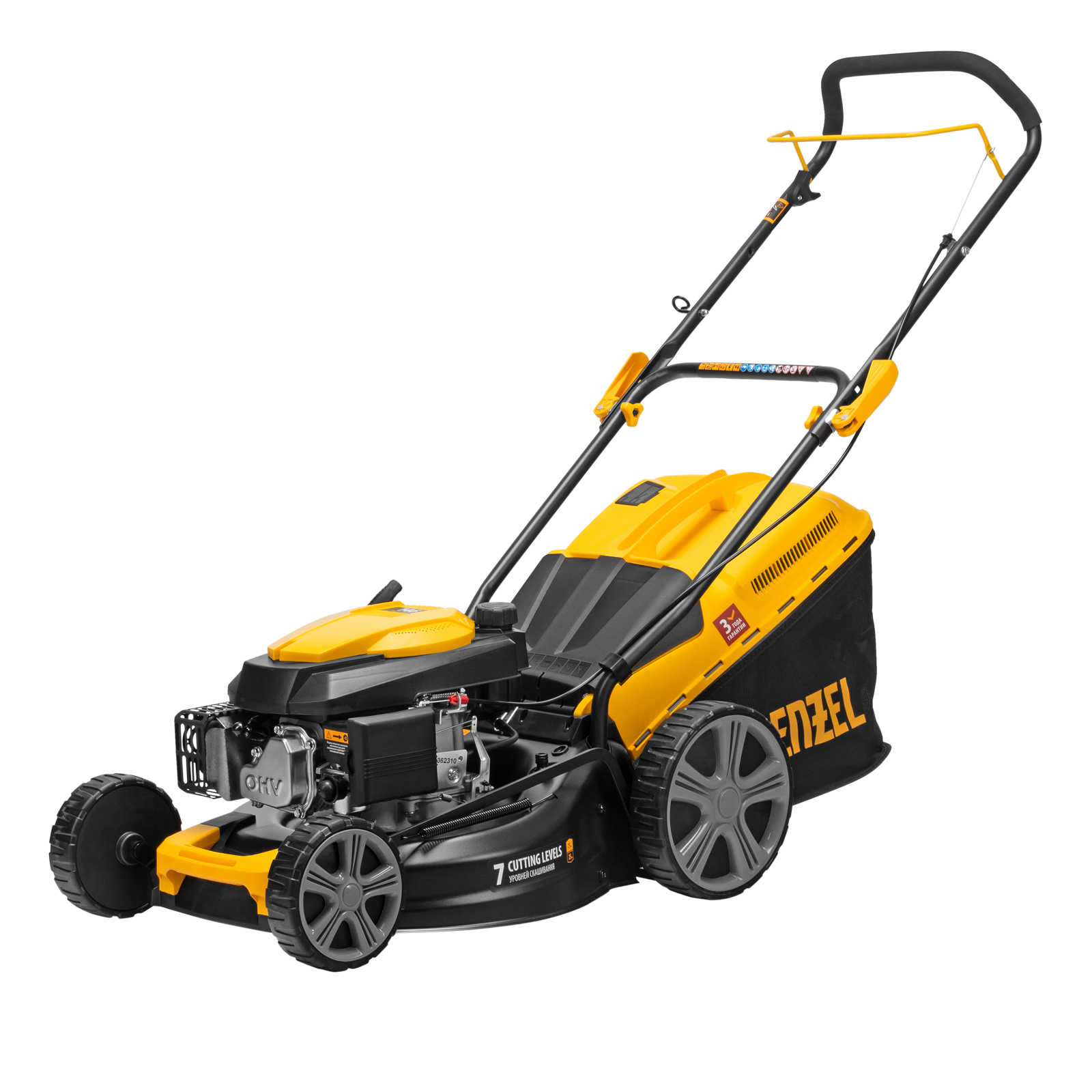 Газонокосилка бензиновая GLD-460, 146 куб.см, ширина 46 см, ручная, 7 уровней, травосборник 50 л Denzel (58802)