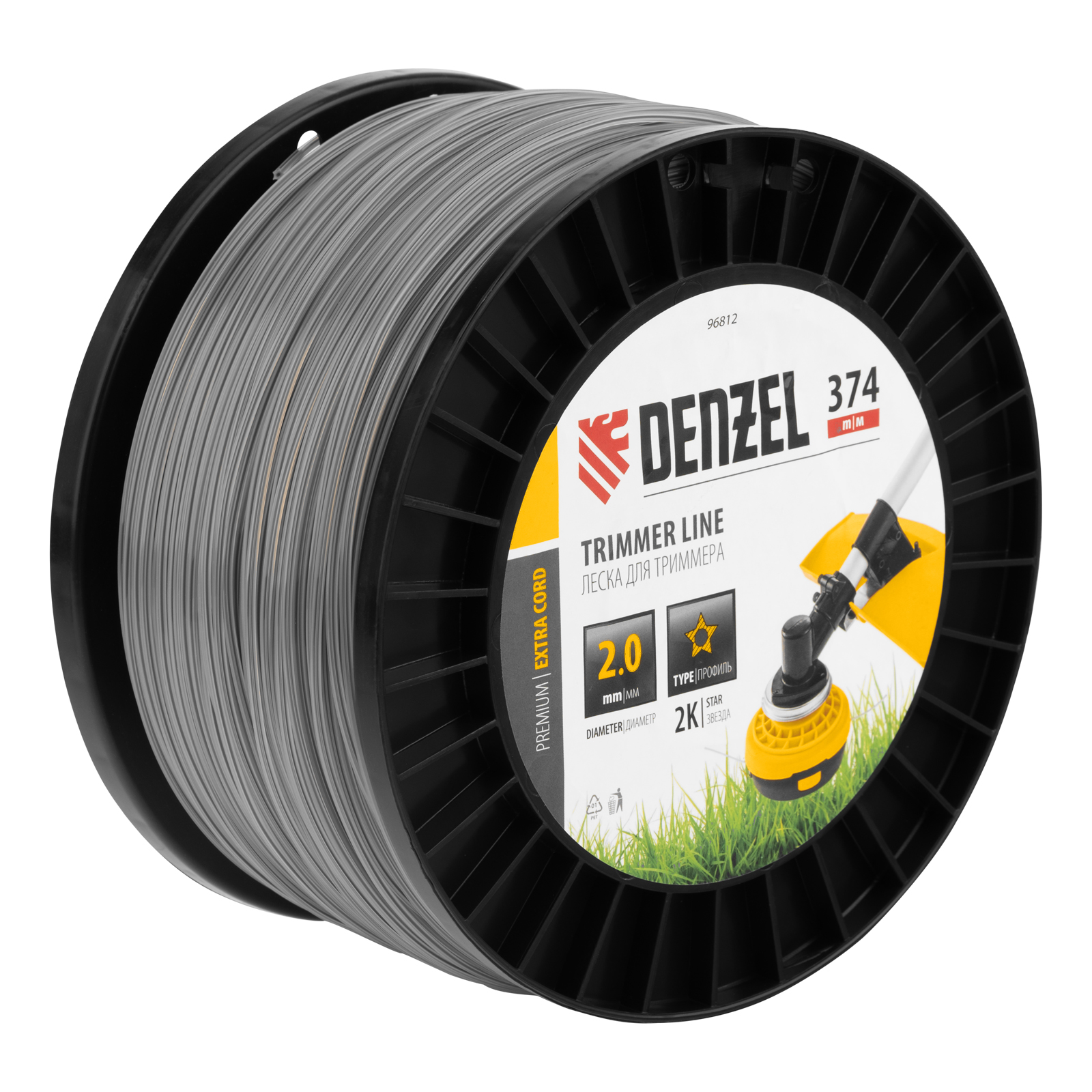 Леска для триммера двухкомпонентная звезда, 2,0мм х 374м, на DIN катушке EXTRA CORD Denzel (96812)