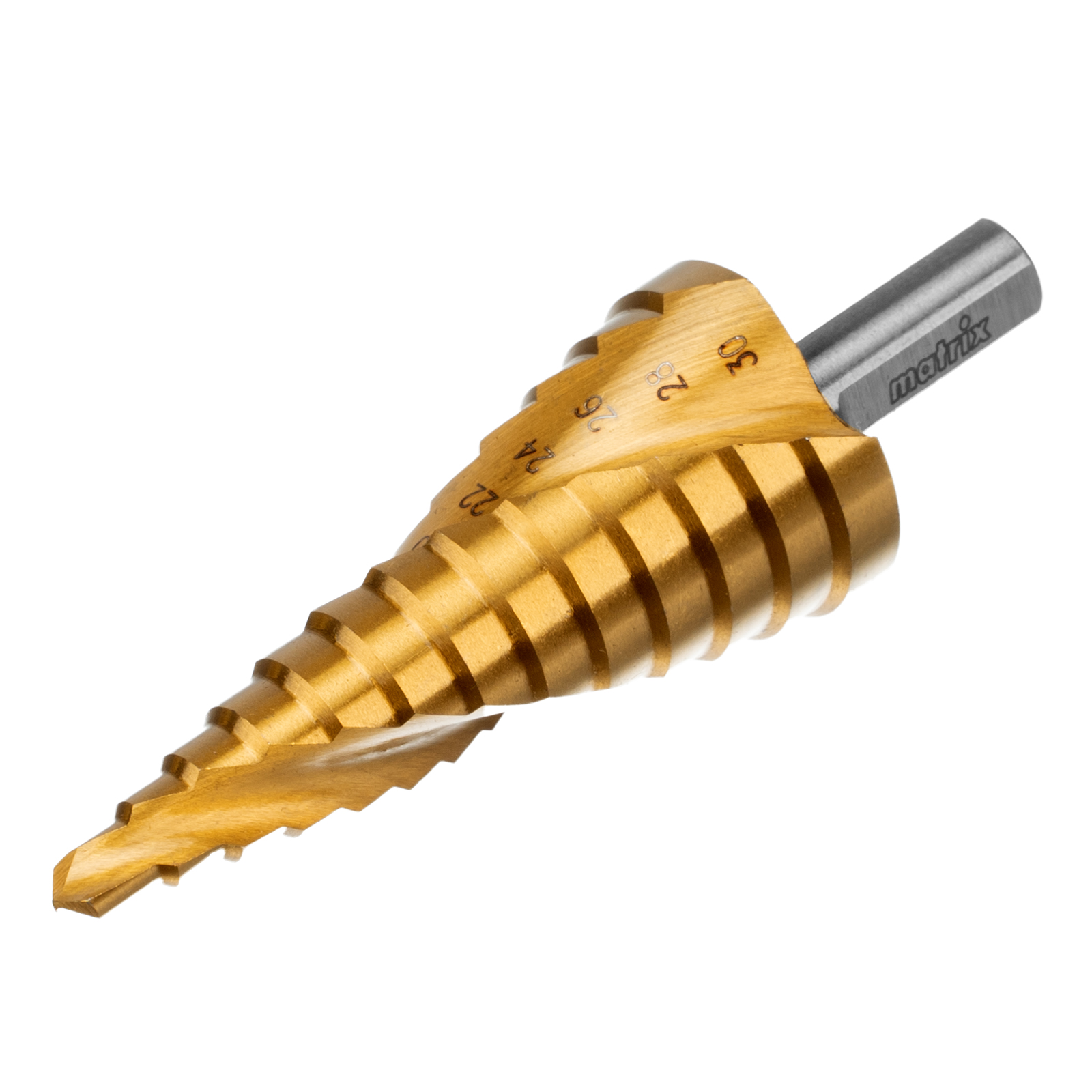 Сверло ступенчатое, 6-8-10-12-14-16-18-20-22-24-26-28-30 мм, HSS, спиральный профиль, трехгранный хвостовик Matrix (72357)