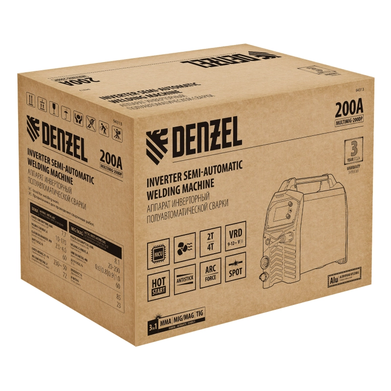 Аппарат инвертор. полуавтомат. сварки MultiMIG-200DP Synergy Double Pulse, 200 А, ПВ 80% Denzel (94313)