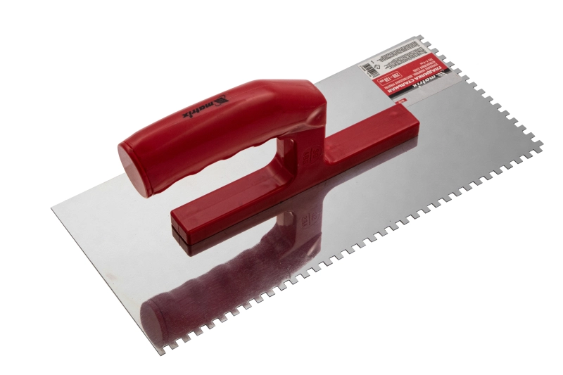 Гладилка из нержавеющей стали, 280 х 130 мм, зеркальная полировка, пластмассовая ручка, зуб 4 х 4 мм Matrix (86780)