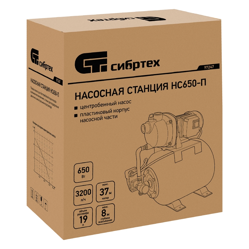 Насосная станция НС650-П, 650 Вт, напор 37 м, 3200 л/ч, ресивер 19 л Сибртех (97247)