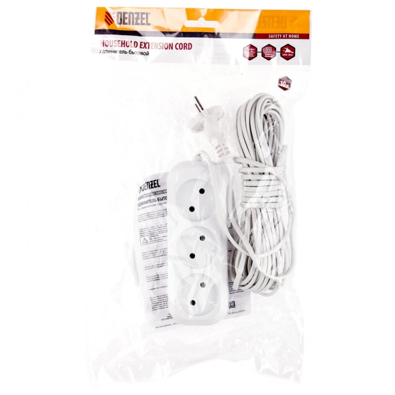 Удлинитель бытовой, без заземления, 10 м, 3 розетки, 6 А, серия УХ6 Denzel (95929)