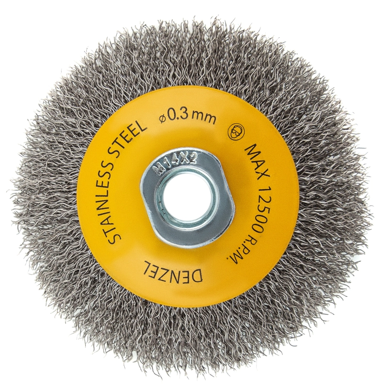Щетка для УШМ, 100 мм, "Тарелка", витая нержавеющая проволока 0.3 мм, М14 Denzel (746083)