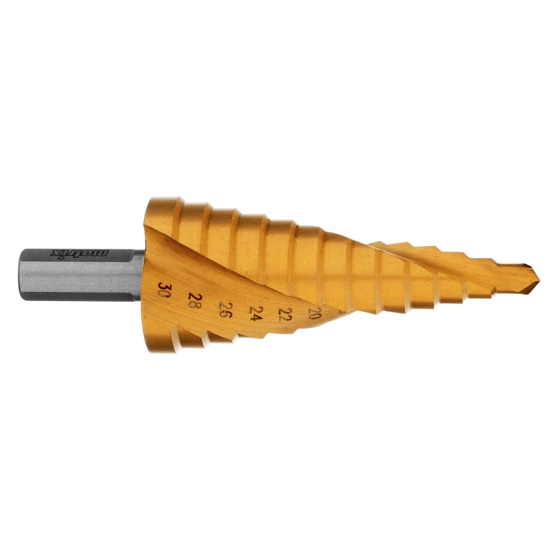 Сверло ступенчатое, 6-8-10-12-14-16-18-20-22-24-26-28-30 мм, HSS, спиральный профиль, трехгранный хвостовик Matrix (72357)