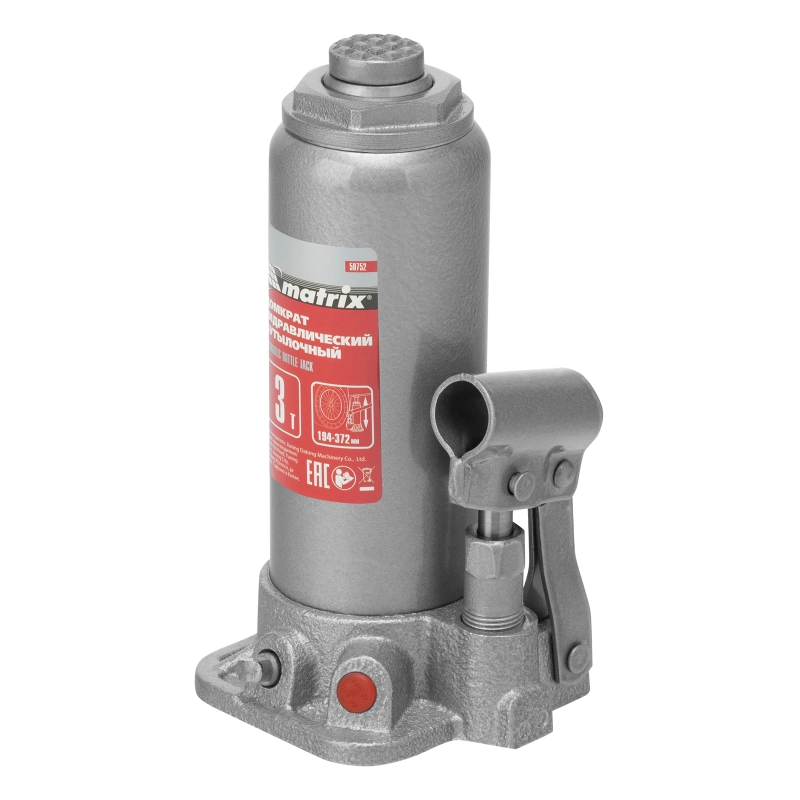 Домкрат гидравлический бутылочный, 3 т, высота подъема 194-372 мм, в пластиковый кейсе Matrix (50752)