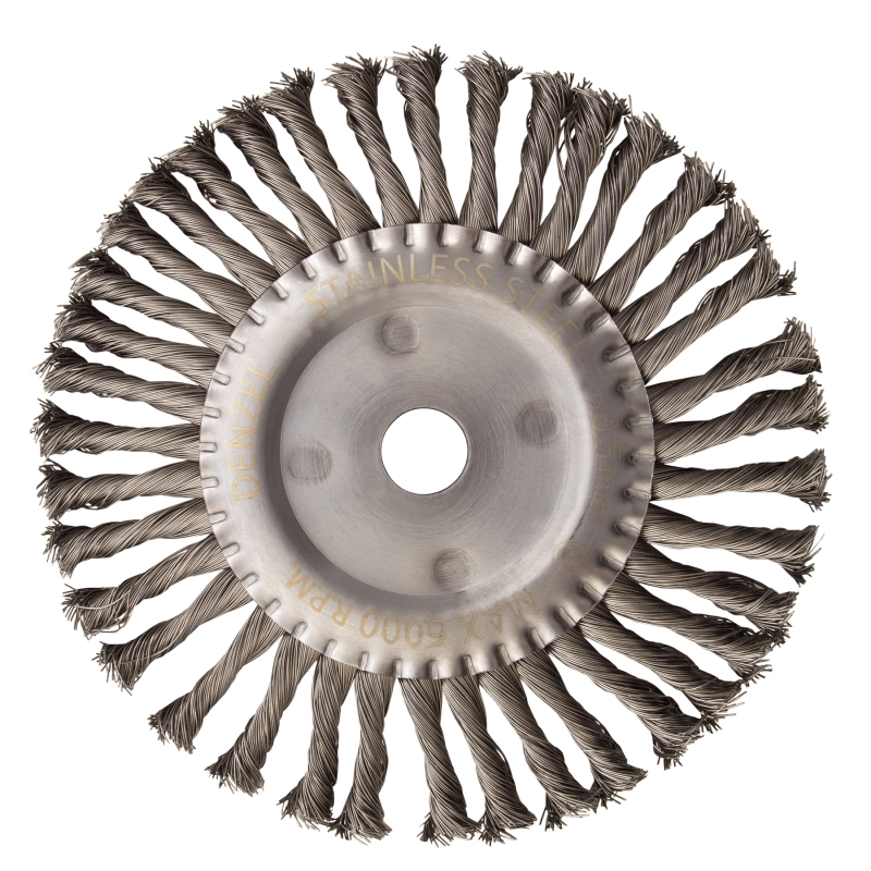 Щетка для УШМ, 200 мм, "Плоская", крученая нержавеющая проволока 0.5 мм, посадка 22.2 мм Denzel (746383)