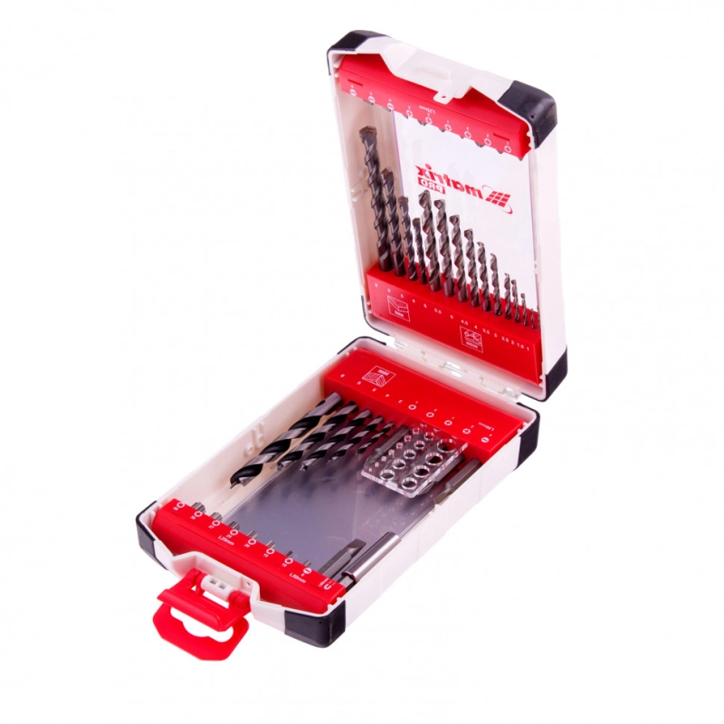 Набор сверл комбинированный, сверла по металлу 1-6 мм, бетону 4-8 мм, дереву 3-8 мм, биты 22 шт, адаптер, 44 предмета, Pro Matrix (725644)