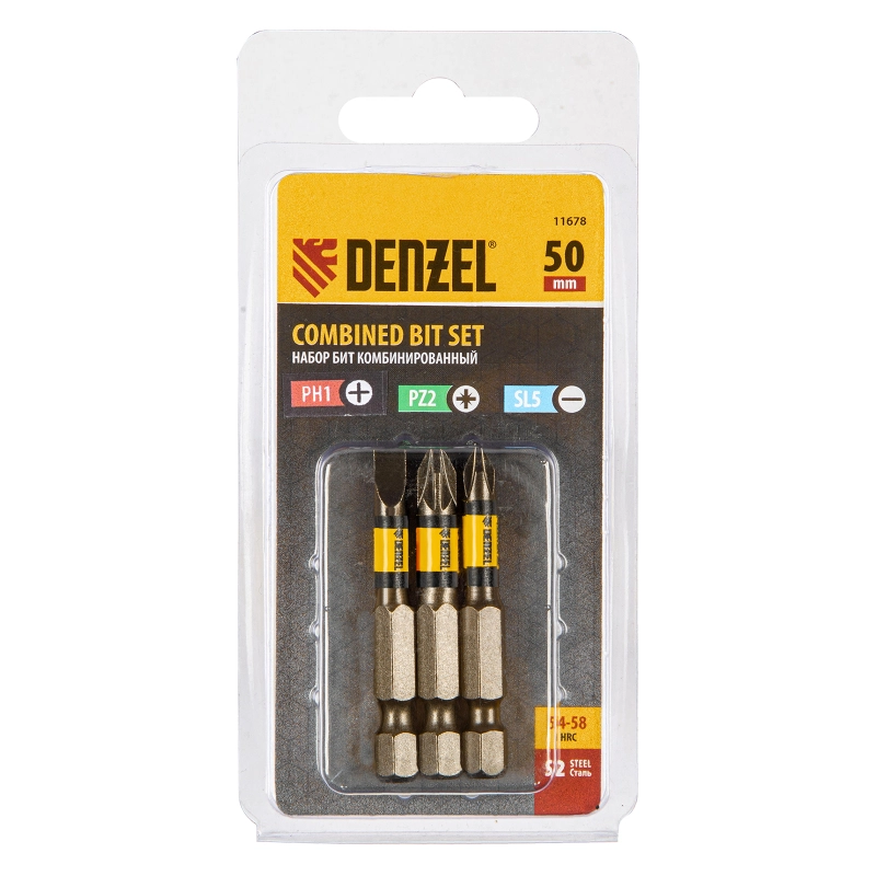 Набор бит комбинированный 3 шт., PH2, PZ2, SL5, 50 мм, сталь S2 Denzel (11678)