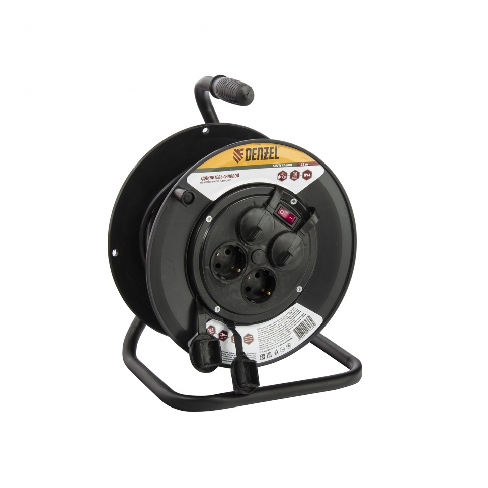 Удлинитель силовой на кабельной катушке, 25 м, 4 розетки с крышкой, IP44, 16 А, серия УХз16 Denzel (95907)