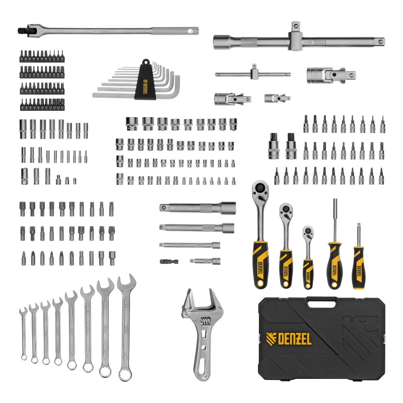 Набор инструментов, 1/2", 1/4", 3/8", CrV, S2, пластиковый кейс, 216 предметов Denzel (15807)