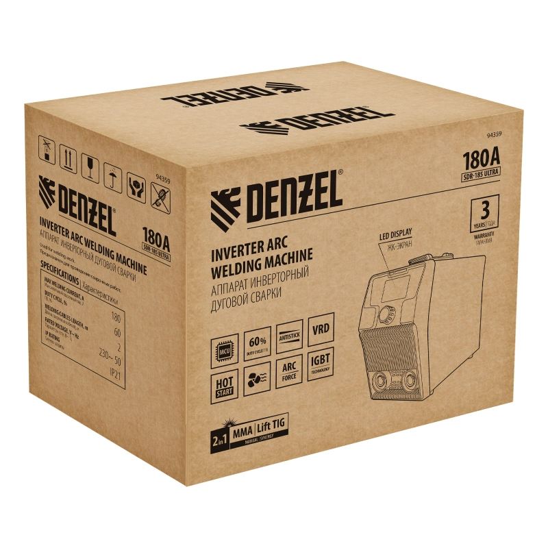 Аппарат инвертор. дуговой сварки SDR-185 Ultra, 180 А, ПВ 60% Denzel (94359)
