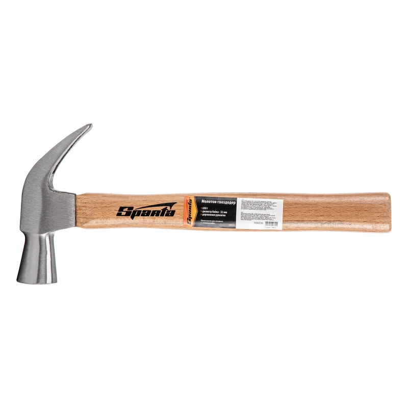 Молоток-гвоздодер, 650 г, боек 32 мм, деревянная рукоятка Sparta (104235)