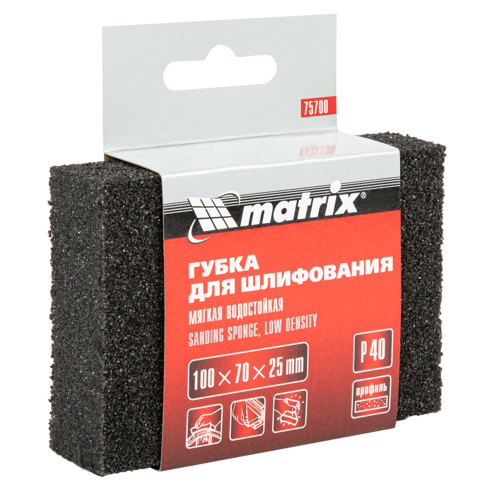 Губка для шлифования, 100 х 70 х 25 мм, мягкая, P 40 Matrix (75700)