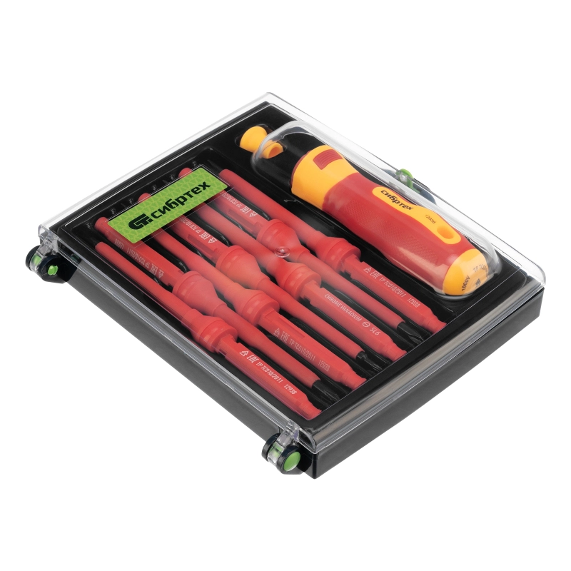 Отвертка со сменными жалами, диэлектрическая до 1000 В, 9 предметов, CrV Сибртех (12938)