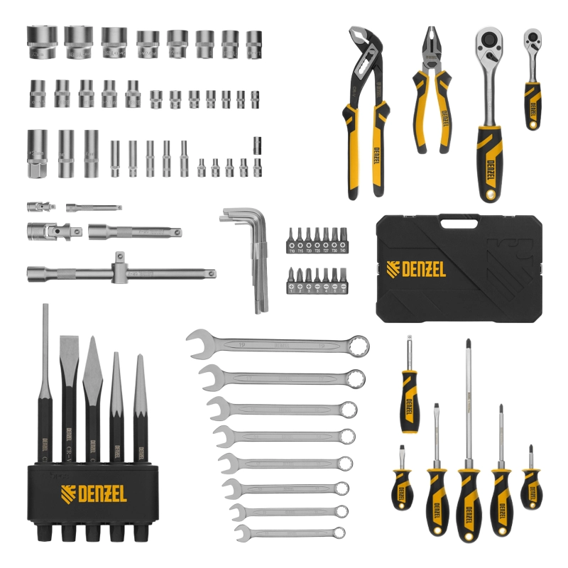 Набор инструментов, 1/2", 1/4", CrV, S2, пластиковый кейс, 84 предмета Denzel (15802)