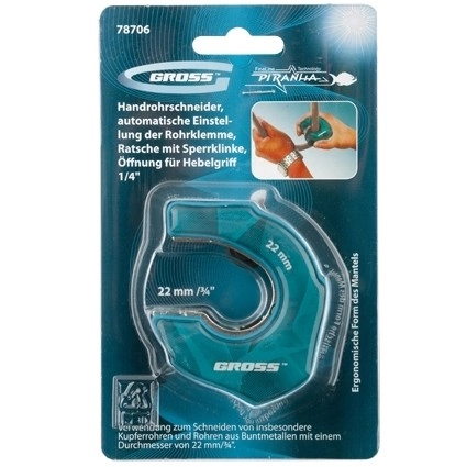 Труборез ладонный"Piranha", 22 мм, 3/4, автоматическая регулировка зажима трубы, трещотка с храповым механизмом, отверстие 1/4 Gross (78706)