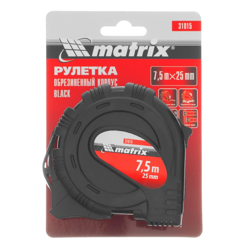 Рулетка Black,7,5 м х 25 мм,обрезиненный корпус Matrix (31015)