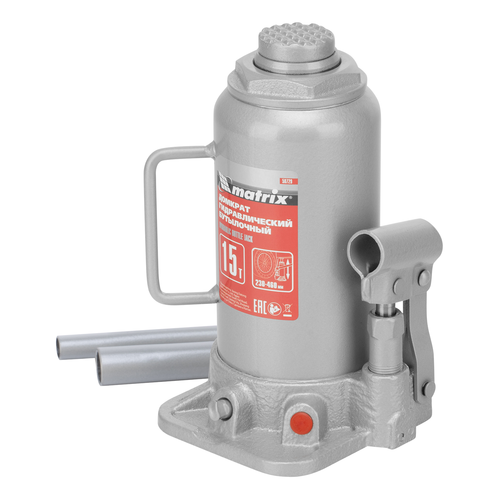 Домкрат гидравлический бутылочный, 15 т, высота подъема 230-460 мм Matrix (50729)