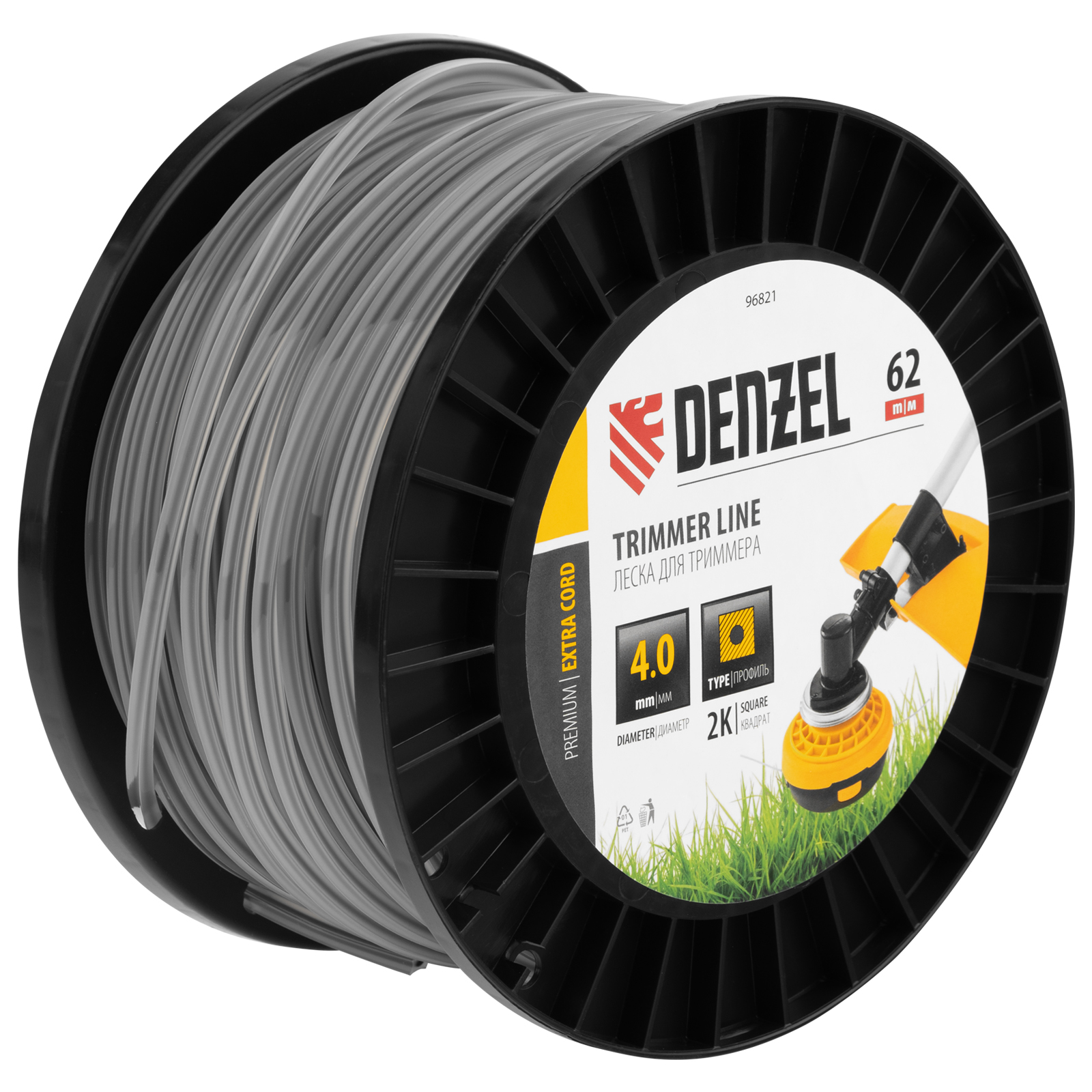 Леска для триммера двухкомпонентная квадрат, 4,0мм х 62м, на DIN катушке EXTRA CORD Denzel (96821)