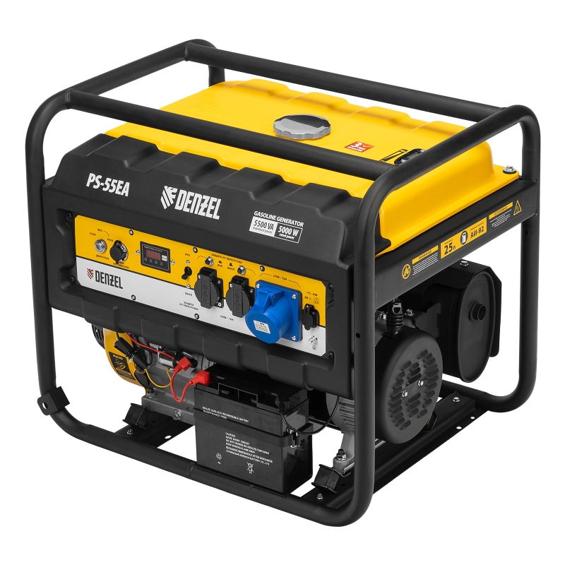 Генератор бензиновый PS 55 EA, 5.5 кВт, 230 В, 25 л, коннектор автоматики, электростартер Denzel (946874)