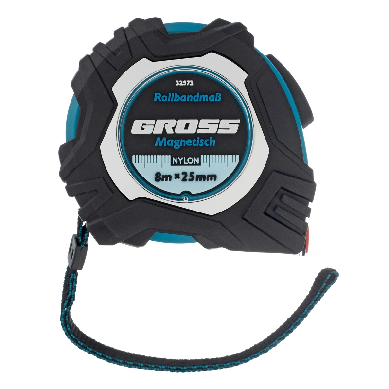 Рулетка Magnetisch 8 м х 25 мм,обрезиненный корпус,автоматическая фиксация,Нейлоновое покрытиеытие,зацеп с магнитом Gross (32573)