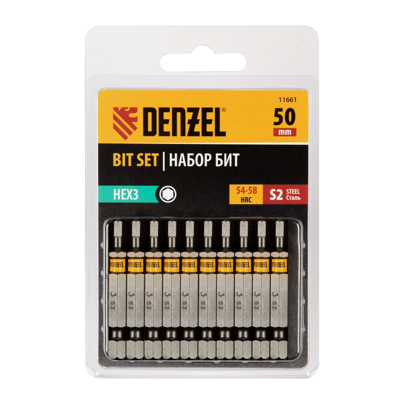 Бита HEX 3х50, сталь S2, шестигранный профиль, 10 шт. Е 6,3 Denzel (11661)