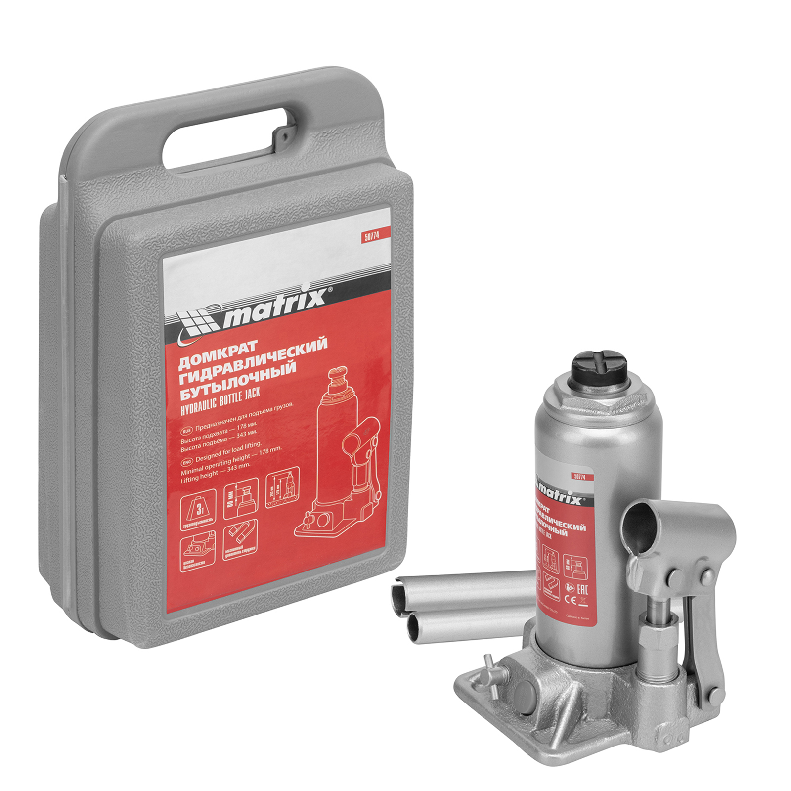 Домкрат гидравлический бутылочный, 3 т, h подъема 178-343 мм, в пластиковом кейсе Matrix (50774)