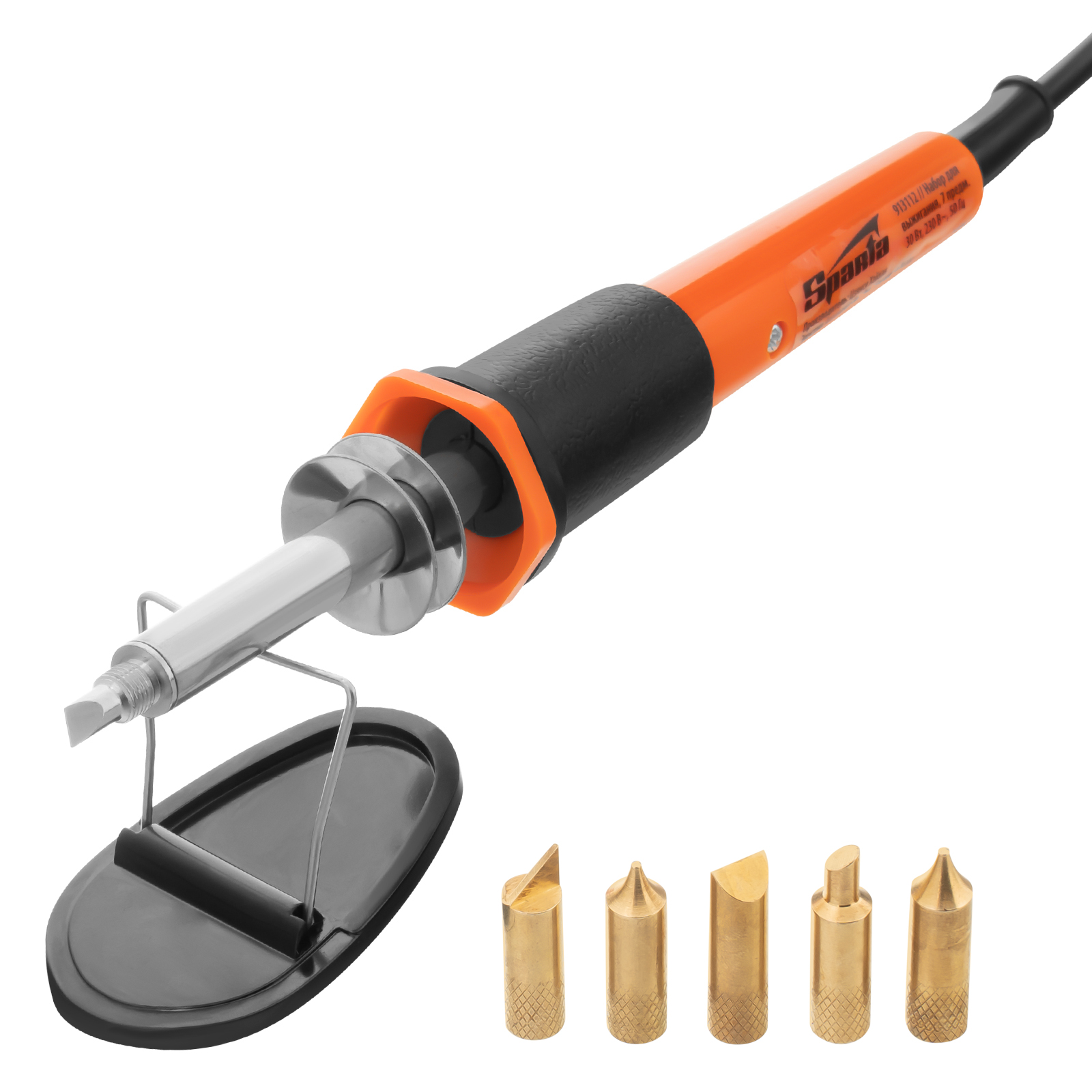 Набор для выжигания, 7 предметов: паяльник 30 Вт, подставка, жала сменные Sparta (913112)
